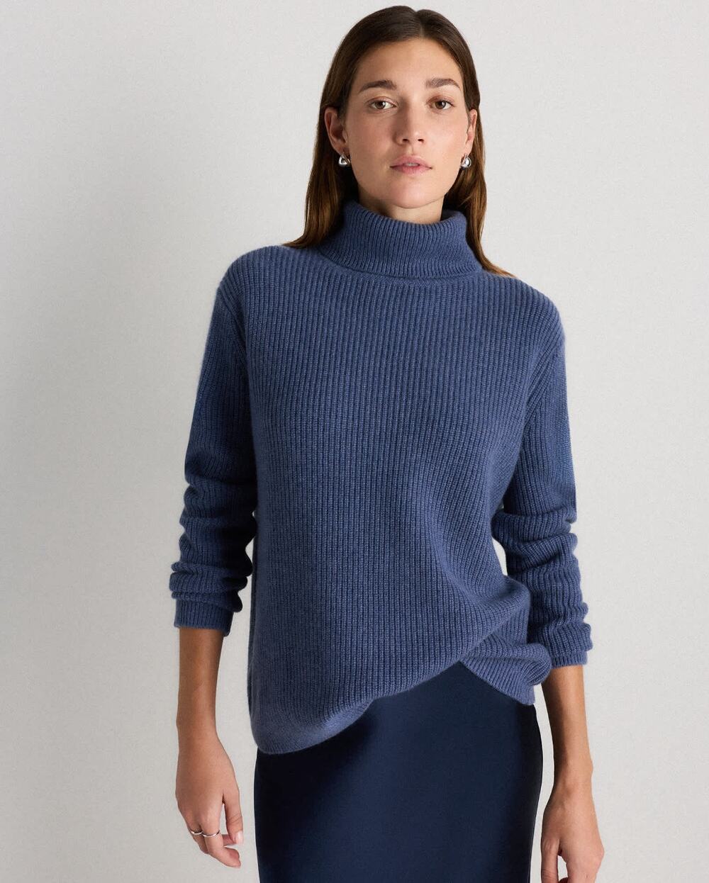 QUINCE Mongolian Cashmere Fisherman Turtleneck Sweater Storm Blue Sz XL $120 3L7